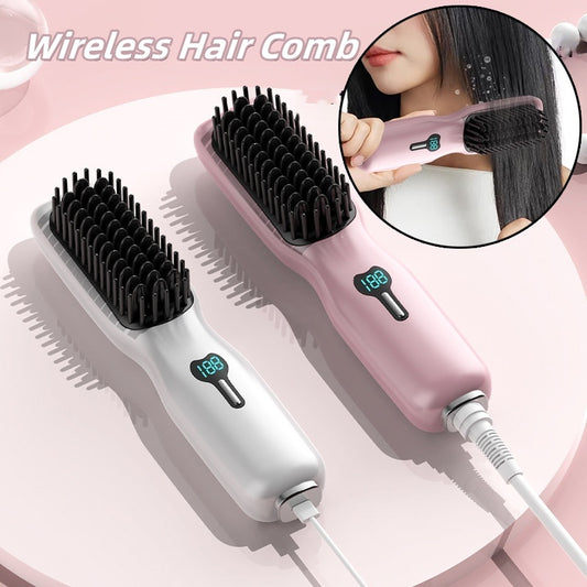 Rechargeable Wireless Straightening Comb 220 Hair Straightener Brush USB Rechargeable Flat Iron LCD Display Temperature